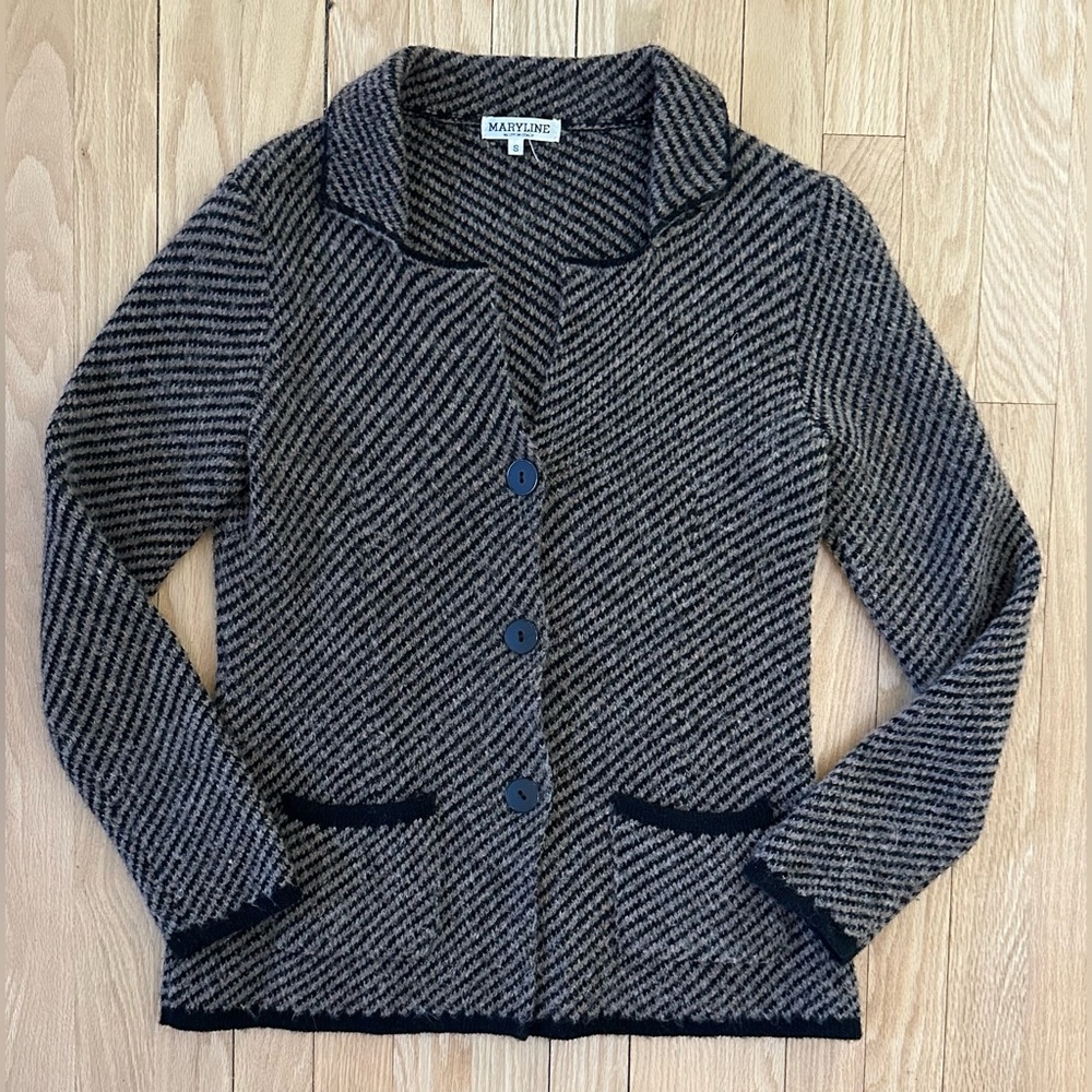 Maryline Wool Blend Brown Black Button Front Cardigan Sweater,  Women’s Size S